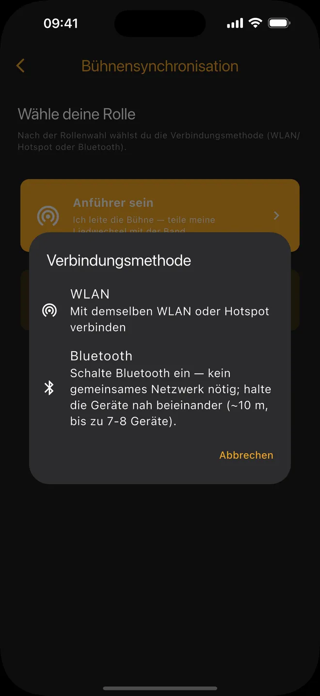 Verbindung — WLAN oder Bluetooth wählen