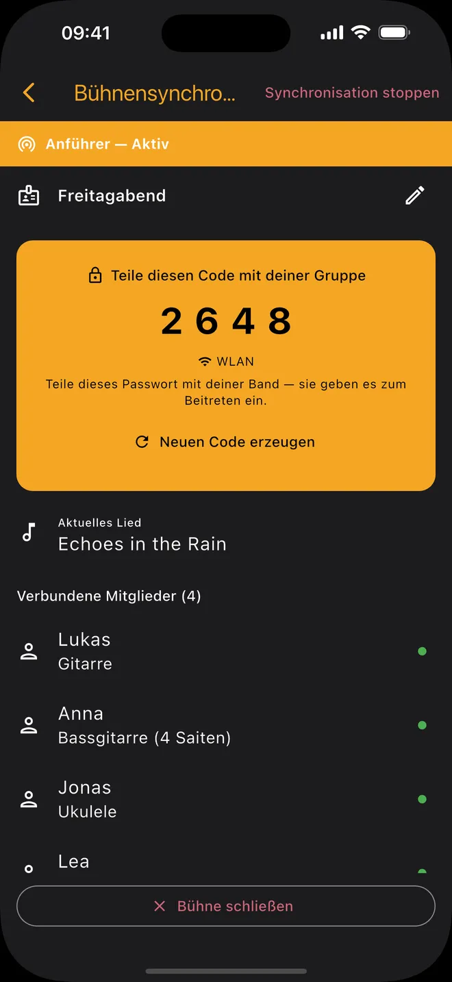 Der Bandleader wechselt den Song, die ganze Bühne folgt sofort.