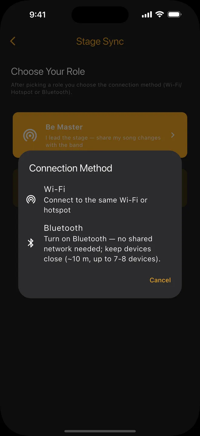 Connect — choose Wi-Fi or Bluetooth