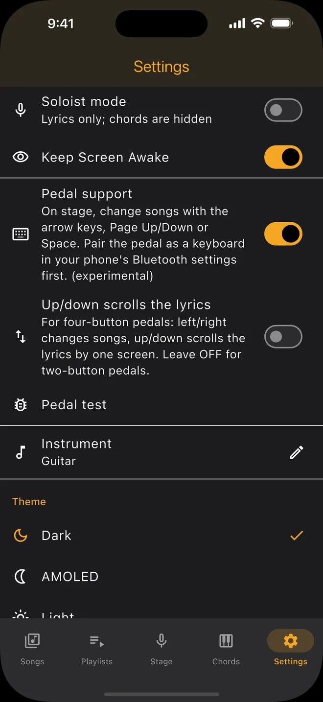 Settings — pedal support and theme