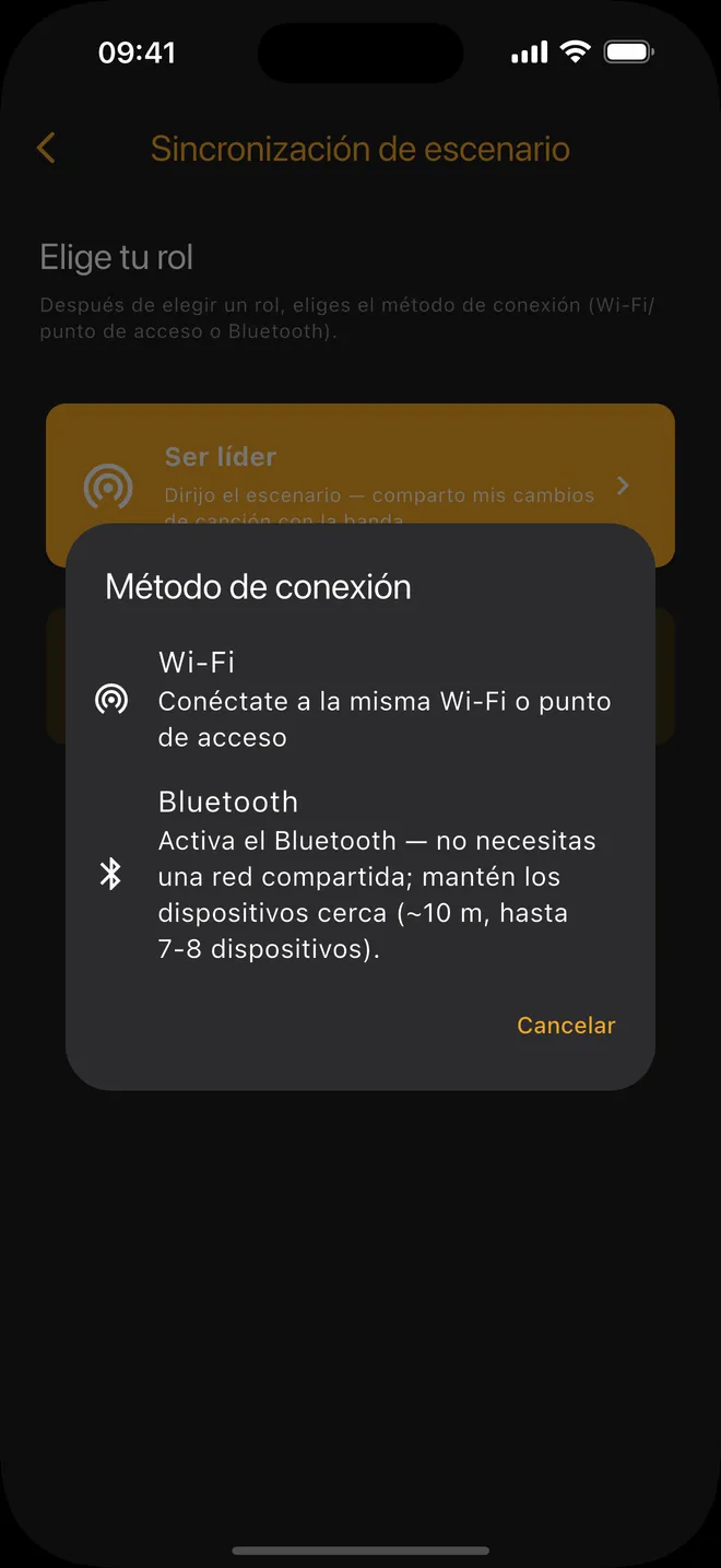 Conexión — elegir Wi-Fi o Bluetooth