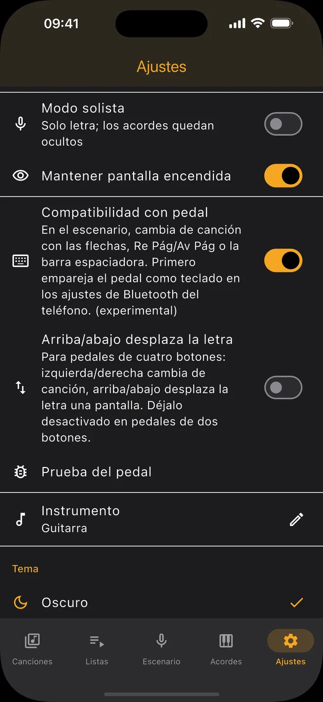 Ajustes — compatibilidad con pedal y tema