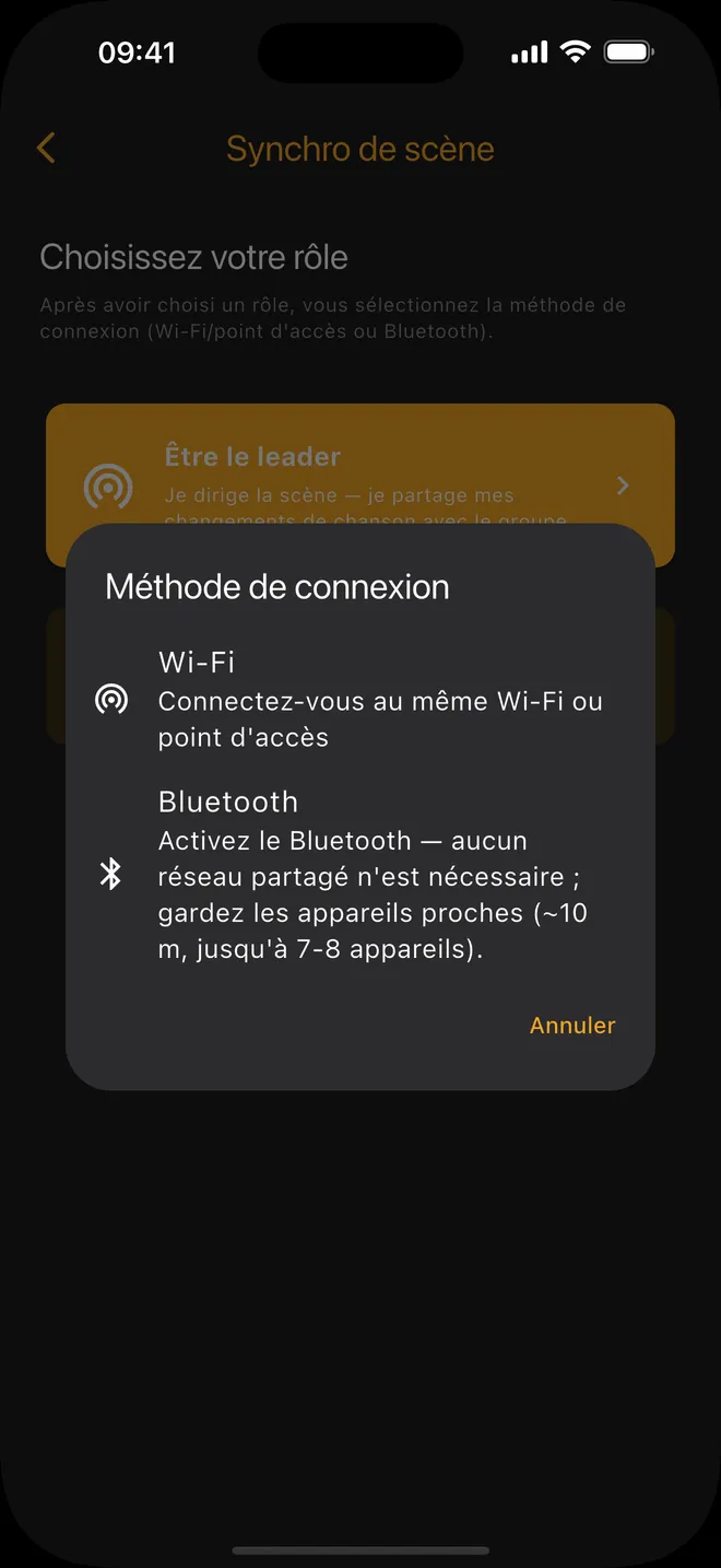 Connexion — choisir Wi-Fi ou Bluetooth