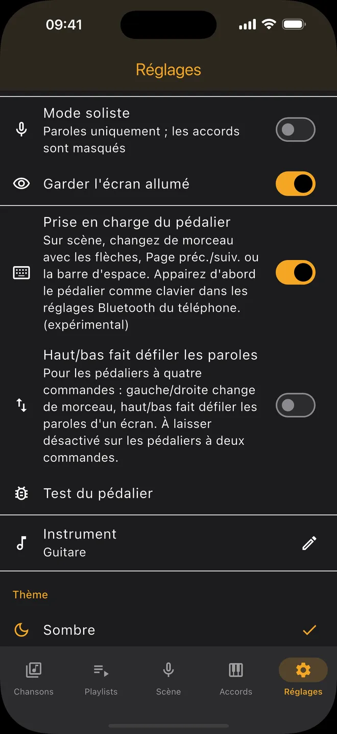Réglages — prise en charge du pédalier et thème