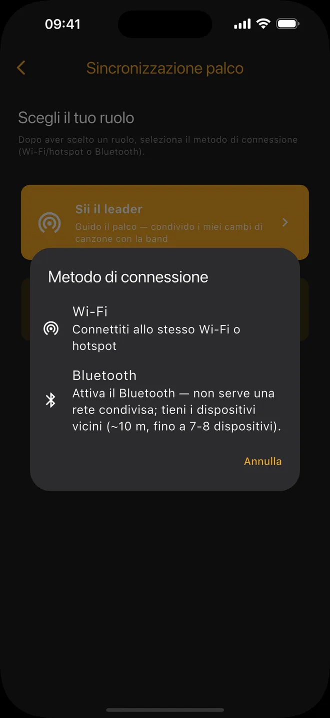 Connessione — scegliere Wi-Fi o Bluetooth