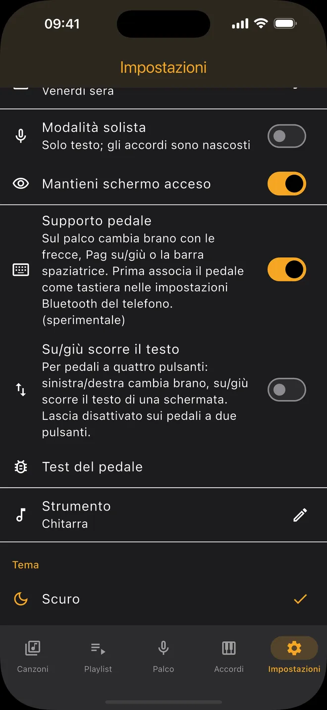 Impostazioni — supporto pedale e tema
