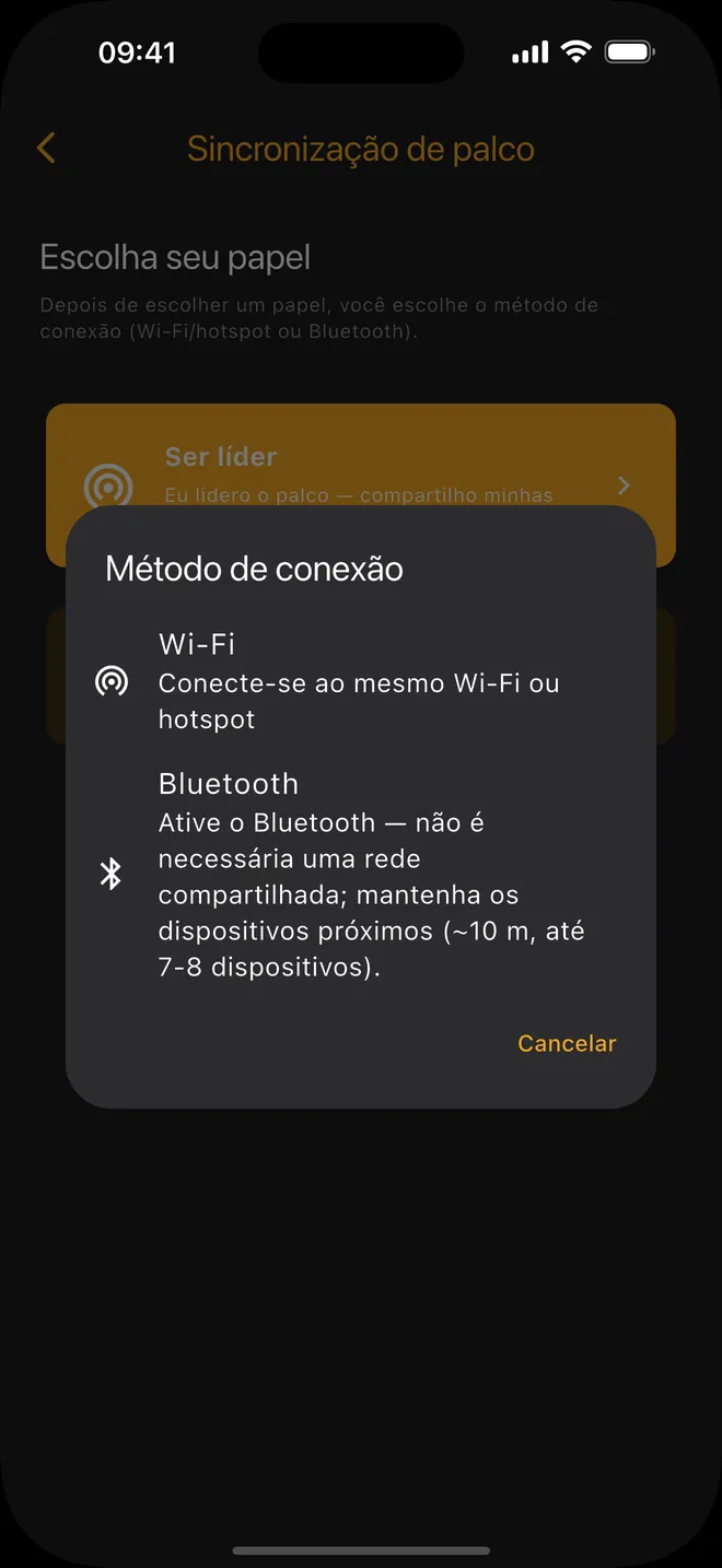 Ligação — escolher Wi-Fi ou Bluetooth