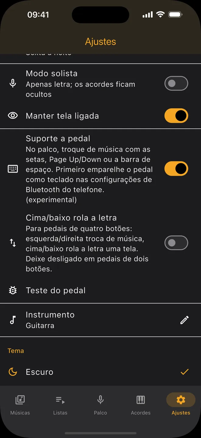 Ajustes — suporte a pedal e tema
