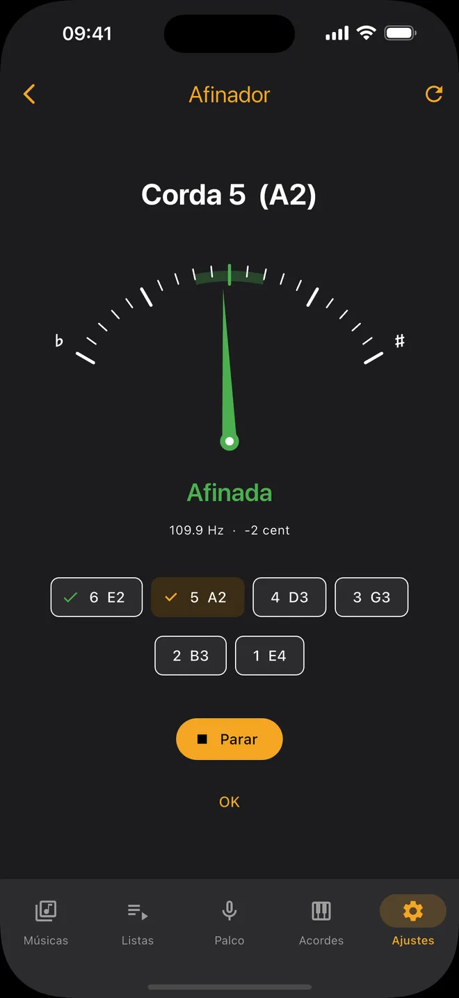 Afinador — afinação guiada, corda por corda