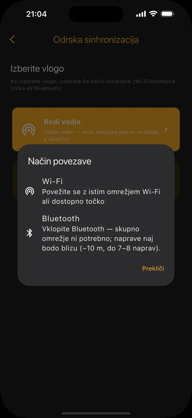 Povezava — izberite Wi-Fi ali Bluetooth