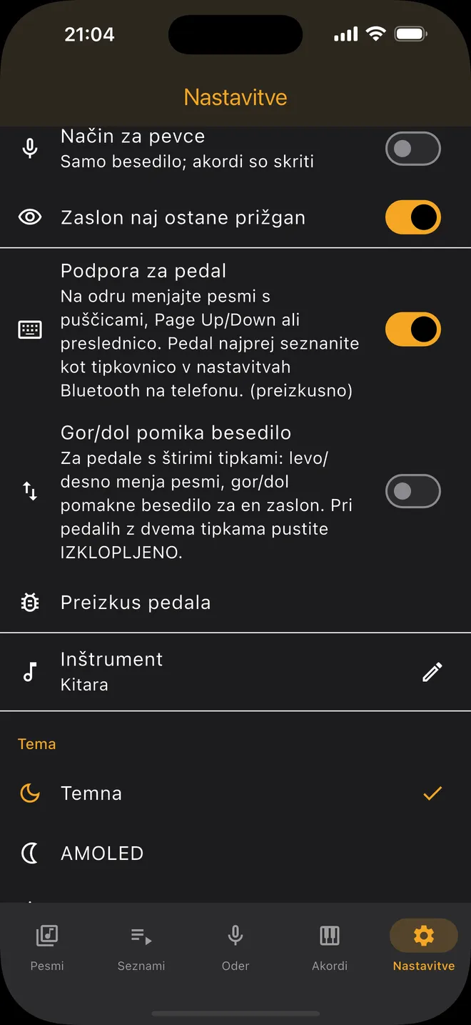 Nastavitve — podpora za pedal in tema